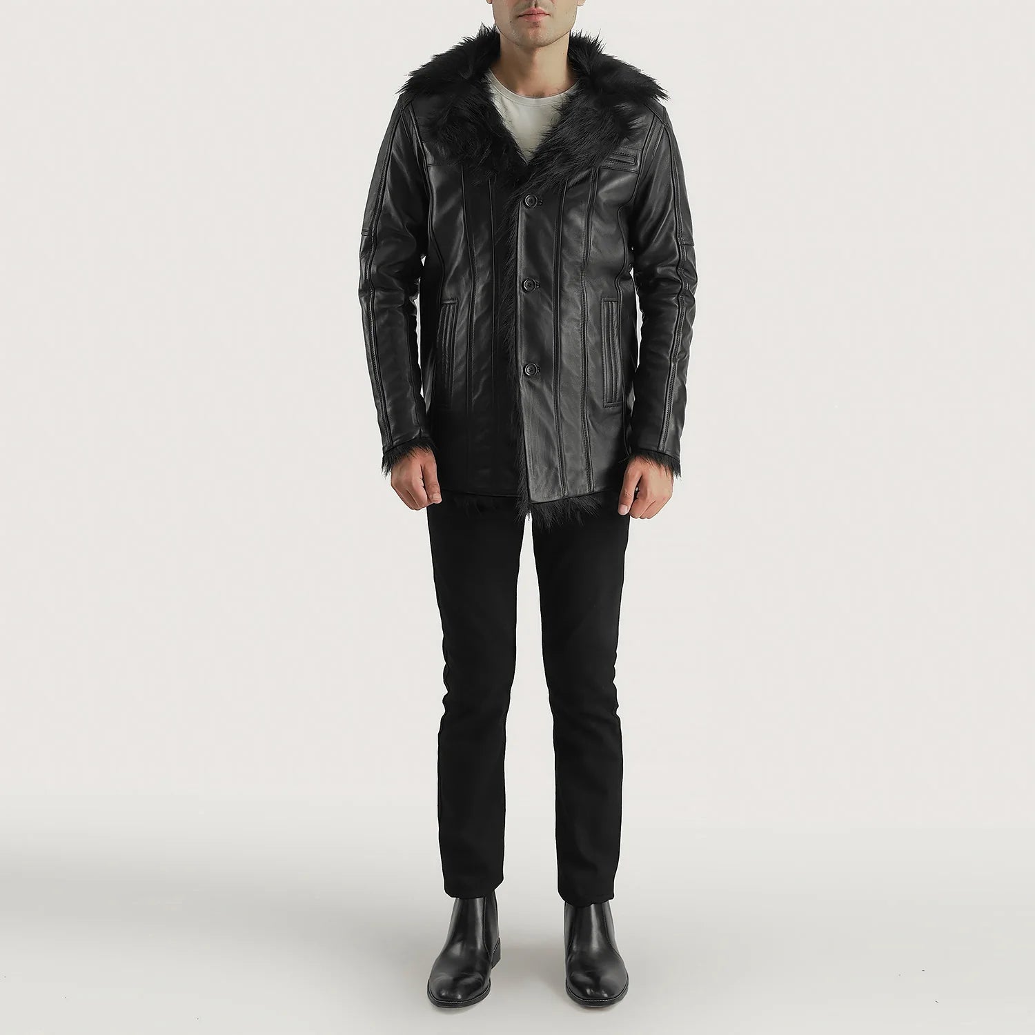 Furcliff black leather coat shop