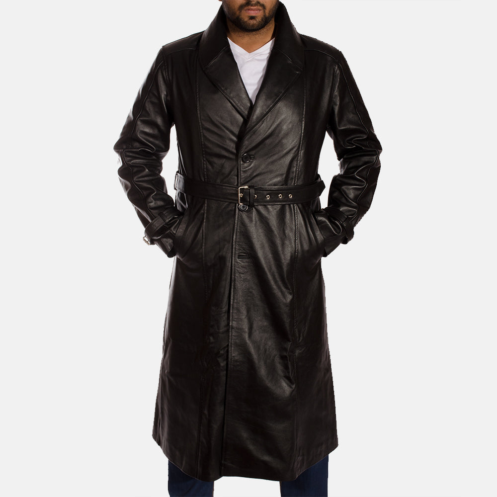 ジャケット・アウター vintage gimmick leather trench coat Vintage Black Leather Trench Coat, 1970s Long Belted Outerwear